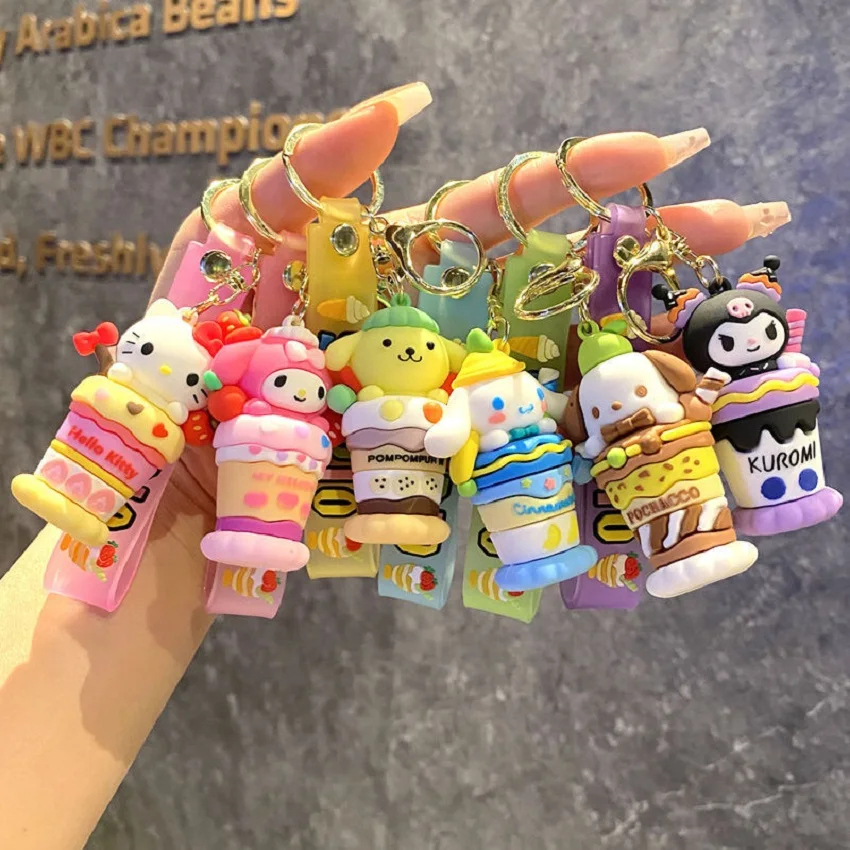 아이스크림 Sanrio 헬로 키티 피규어 키 체인 Kuromi 마이 멜로디 액션 피규어 모델 PVC 열쇠 고리 Cinnamoroll 생일 선물