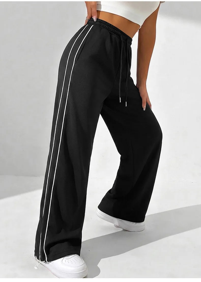 Damen-Sporthose mit weitem Bein, doppelseitigen Streifen und Kordelzug, lockere Hose für Fitness, Laufen, Freizeit, hohe Dehnbarkeit, sportliche Hose – Detail 8