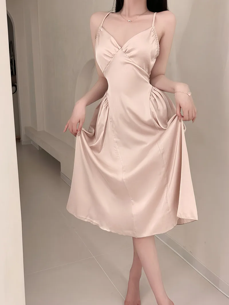 

Summer Fashion Exotic Women's Clothing 2024 New Collection Waist Solid Color Simple Luxury Style V-neck Strap Elegant Dress NJ3S