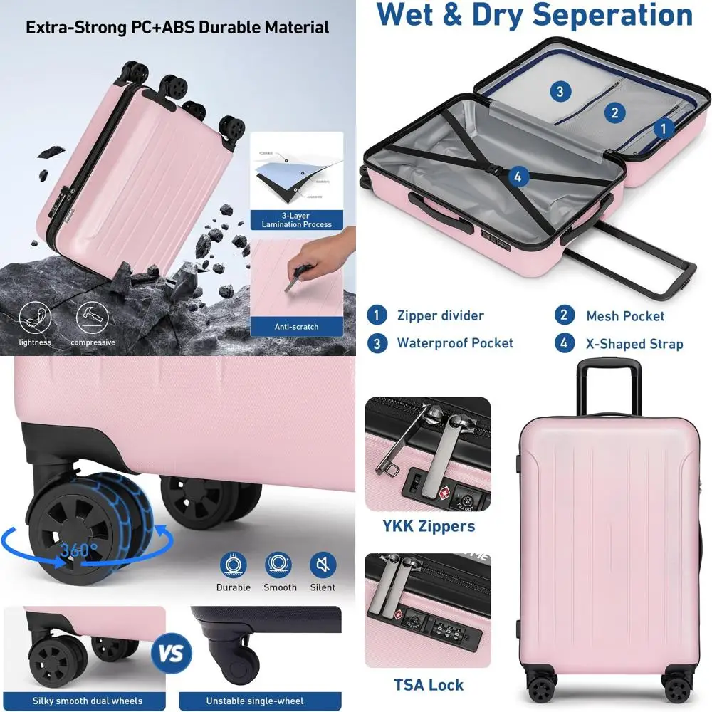 24 Maleta giratoria rígida liviana mediana aprobada por TSA rosa con 360 ° Ruedas