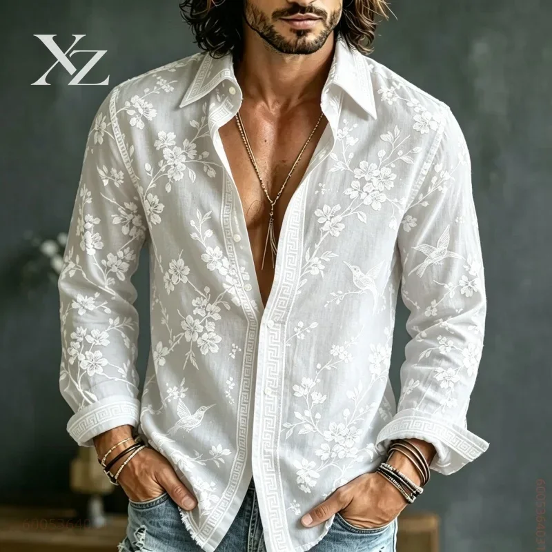 Men's Long Sleeved Full Print Shirt with Ethnic Style Flowers, Birds, Plants, Versatile Casual Top for Daily Commuting