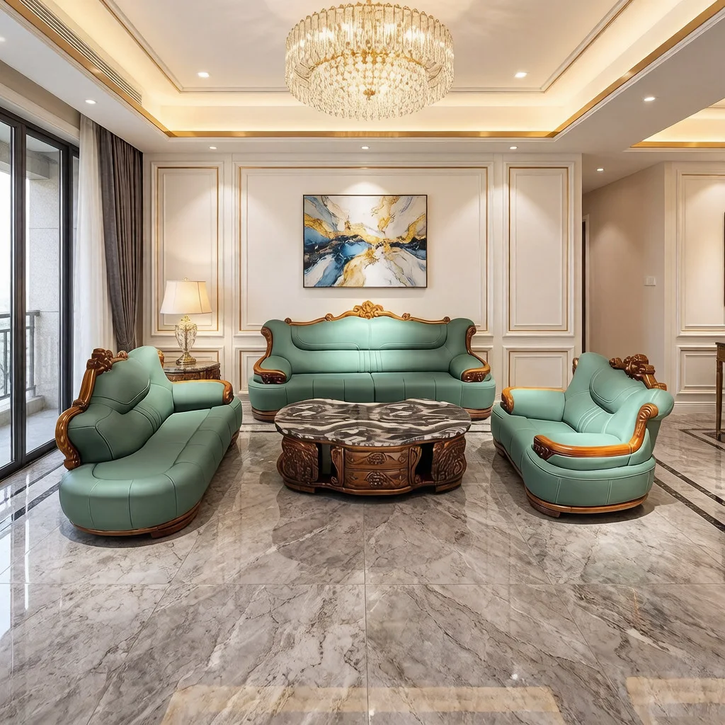 European ebony leather sofa, first layer yellow cowhide, new Chinese solid wood combination