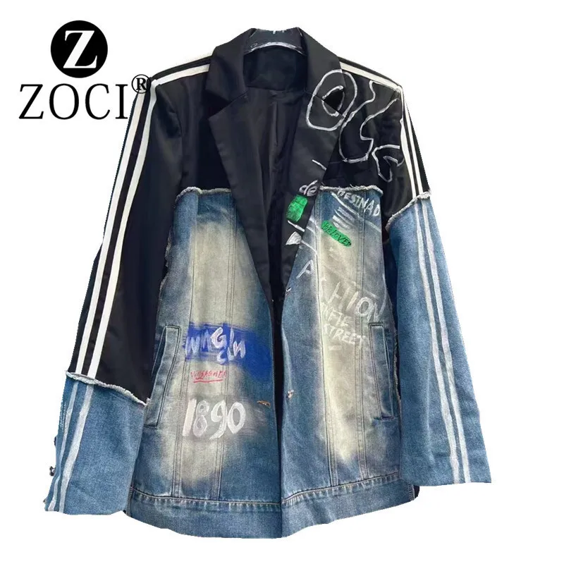 [ZOCI] Vento inizio autunno nuovo colore di giunzione denim lavato lettere dipinte a mano design di nicchia senso giacca da strada esplosiva allentata