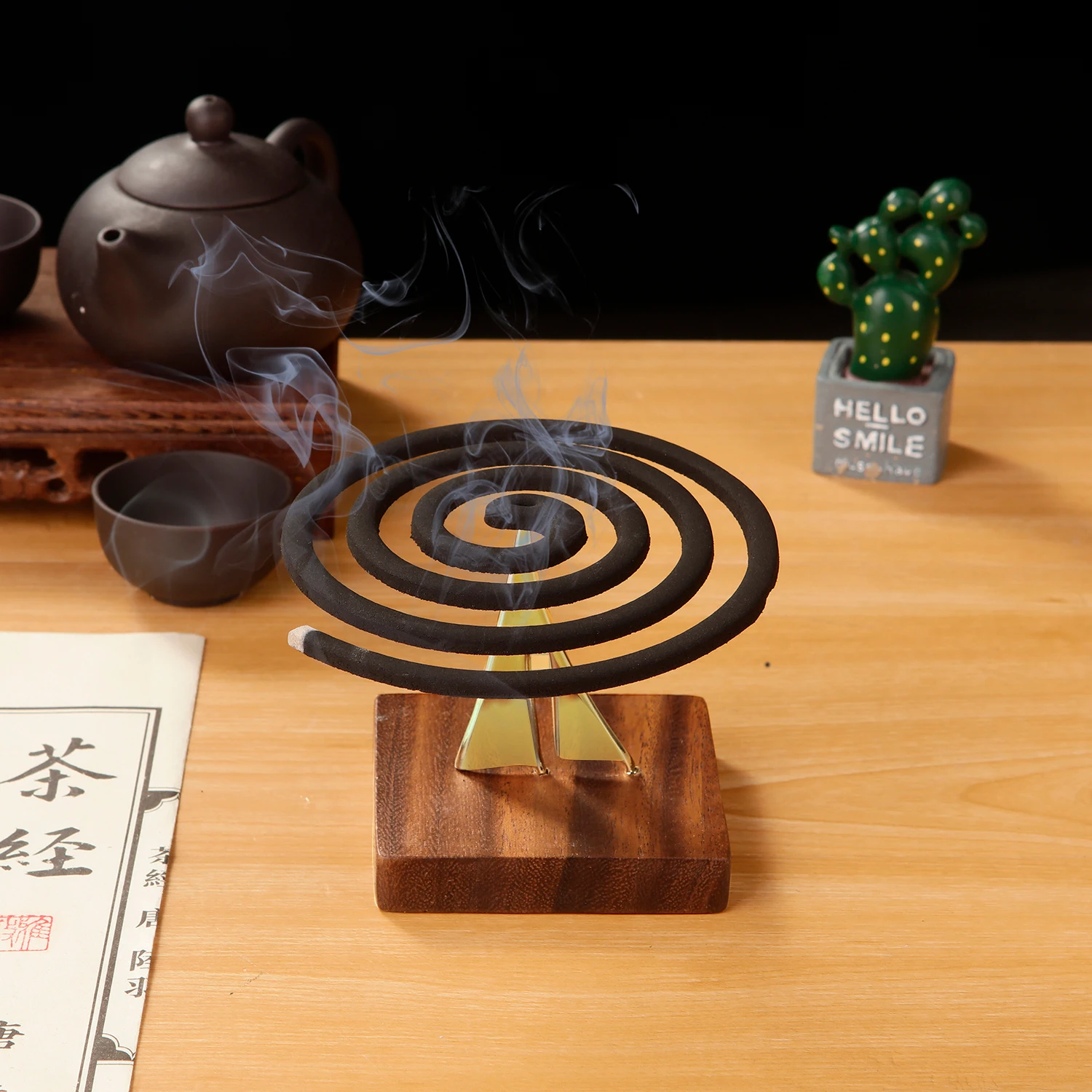 Metal Mosquito Coil Holder Incense Holder with Woodden Base Coil Incense Burner for Household Bedroom Patio