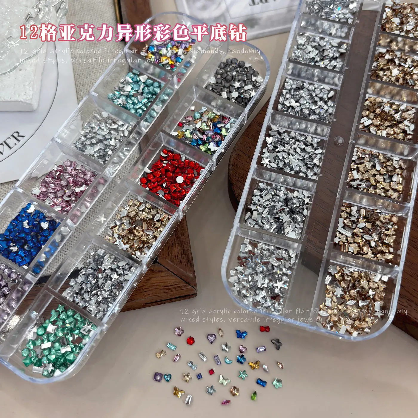 12 Grids Multiple Colors Shapes Acrylic Custom-Shaped Colored Flat-Back Rhinestones Diamonds Manicure Accessories Supply