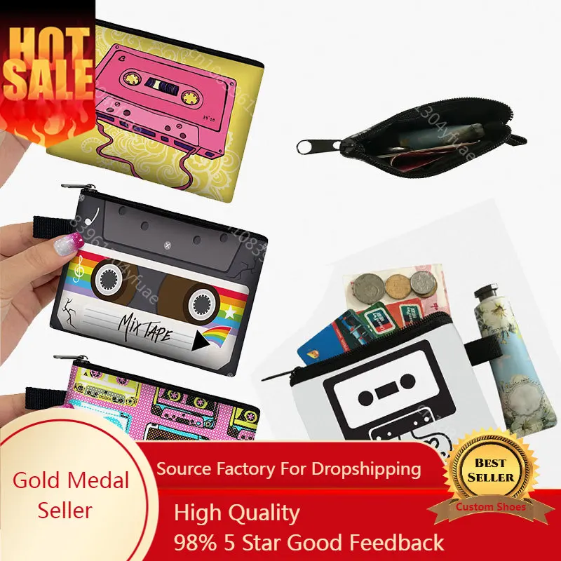 

Cassette Tape Recorder Print Coin Purse Boonbox Women Wallet Earphone Credit Card Holder Data Cable Napkin Storage Bag Coin Bag