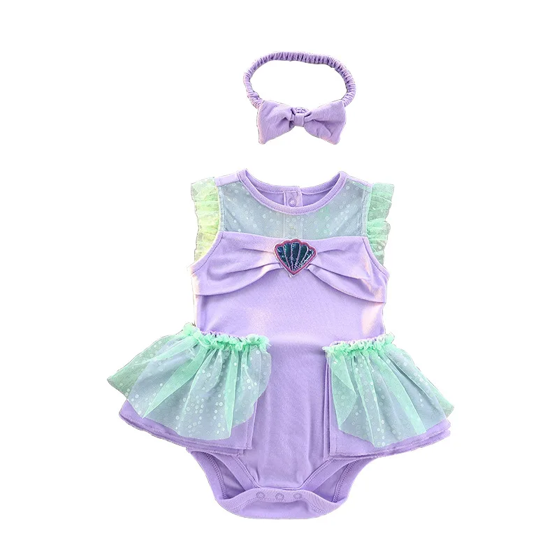 

MINISO Mermaid Princess Dress Summer Newborn New Baby Onesie Short Sleeved Crawling Clothes Infant Costume 0-12 Months Bodysuits