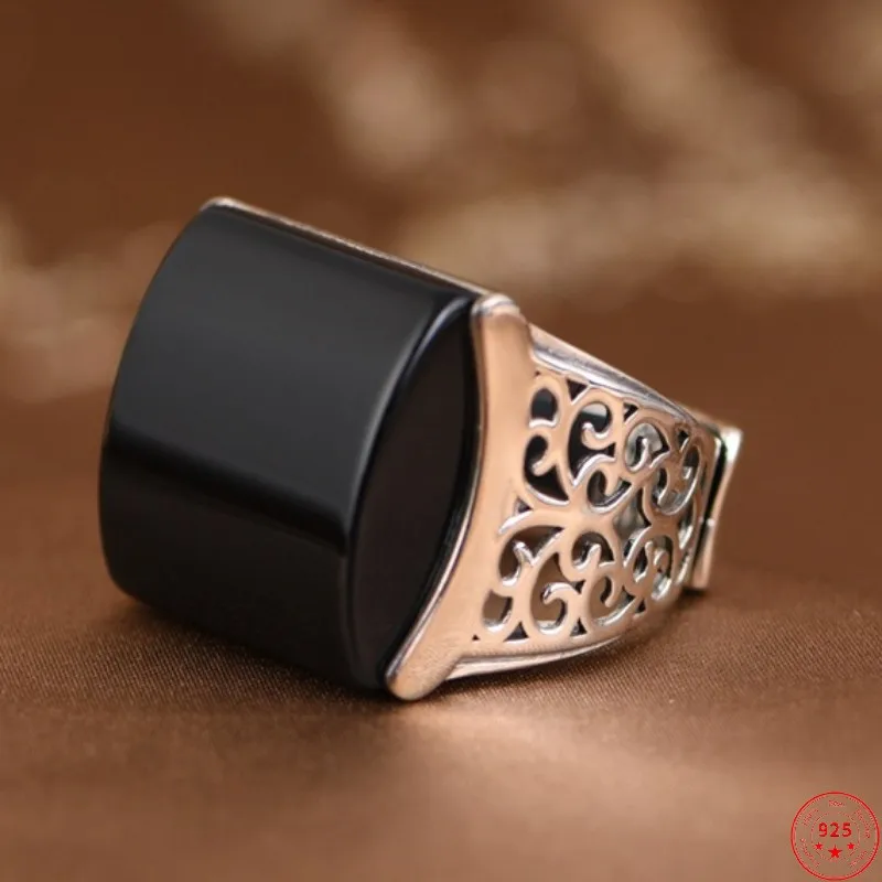 

S925 Sterling Silver Rings for Men 2023 New Men's Fashion Square Agate Hollow Eternal Vine Pure Argentum Punk Jewelry