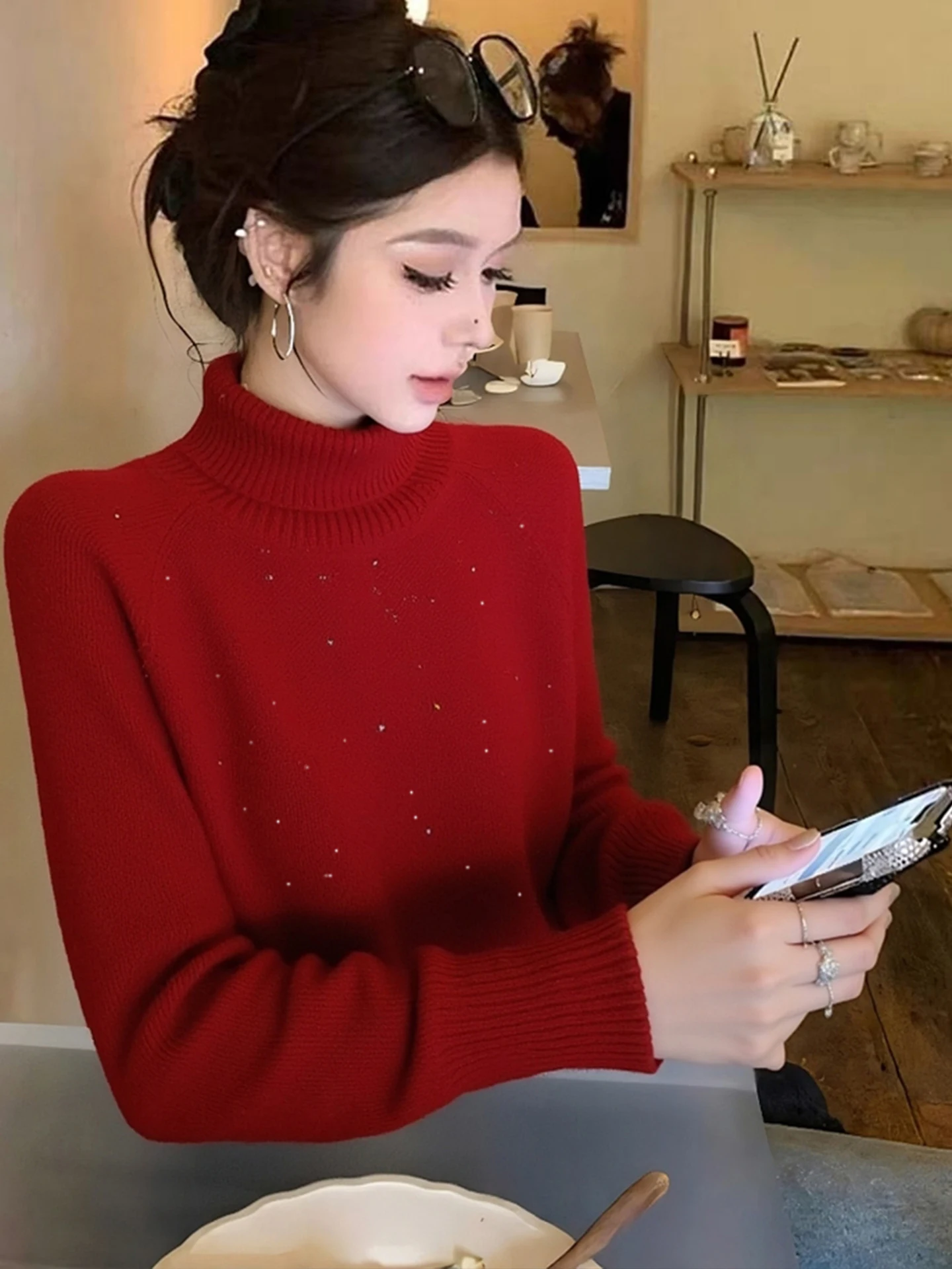 Cherry Red Camere Knitwear High Collar Long Sve Faionable Versatile Winter 2025 Inner Wear Korean Sle Loose Fit