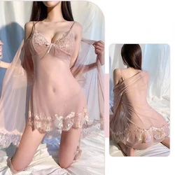 Women Three Sets Nightgown Lace Sexy Sleepwear Mini Dresses Thong Bathrobe Clubs Long Sleeve Loungewear Summer Pajamas Solid
