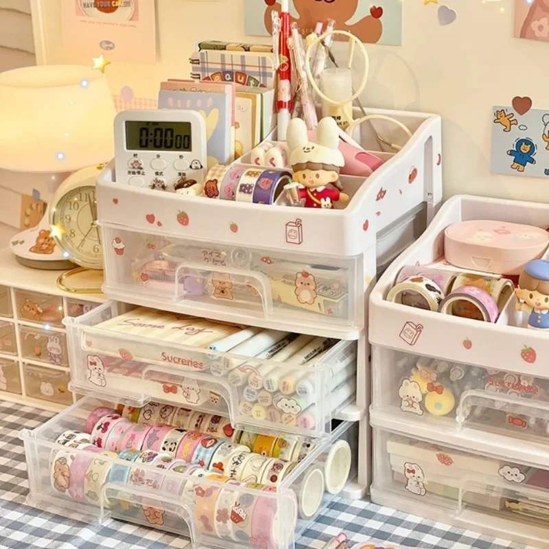 Ins Transparent Drawer Storage Box Pink Cosmetic Finishing Makeup Box Dormitory Kawaii Shelf Cute Girl Heart Desktop Organizer