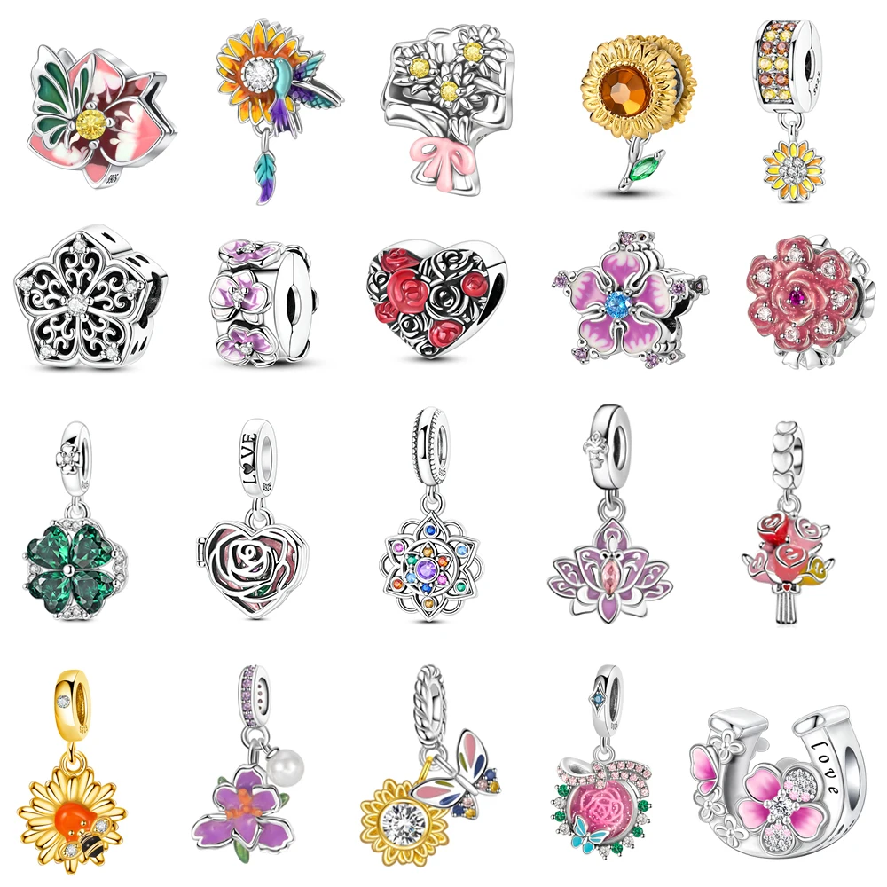 

925 Sterling Silver Mixed Flower Bouquet Dangle Charm Fit Original Bracelet Enamel Rose & Tulip Pendant For Floral Jewelry Lover