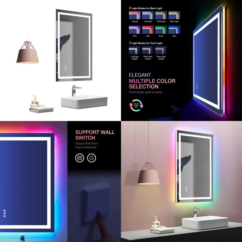مرآة حمام LED مضادة للضباب مع أضواء RGB وأضواء أمامية، قابلة للتعتيم، زجاج مقسى، مرآة زينة جدارية مع وظيفة الذاكرة #1