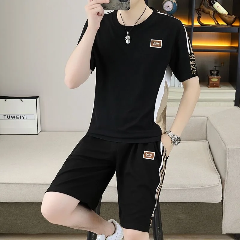 

Летний комплект из ледяного шелка для мужчин: свободный, тонкий, модный брендовый комплект из футболки и шорт, повседневный, для дома, молодежный, стильный.