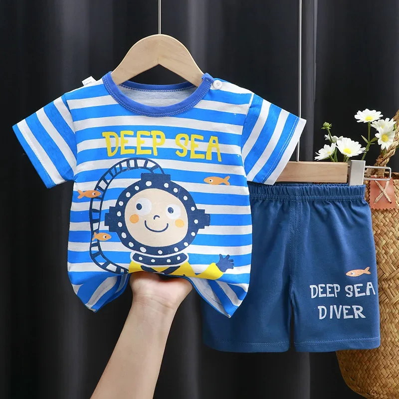 Summer New Kids Casual Pajamas Cute Cartoon Print Short Sleeve T-Shirt Tops with Shorts Toddler Baby Boys Girls Clothing Sets