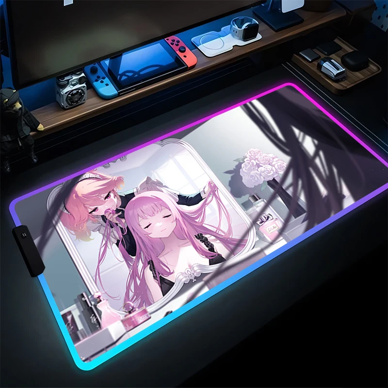 Mouse Pad LED Laptop Anime Gaming Accessories Mousepad Gamer RGB PC Computer Hololive Mori Calliope Keyboard Desktop Mat Varmilo