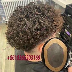 20mm/15mm Curly Men 100% Human Hair Toupee Durable Super Fine Mono&NPU Base Male Hairpieces Prosthesis System #4 Light Brown Wig