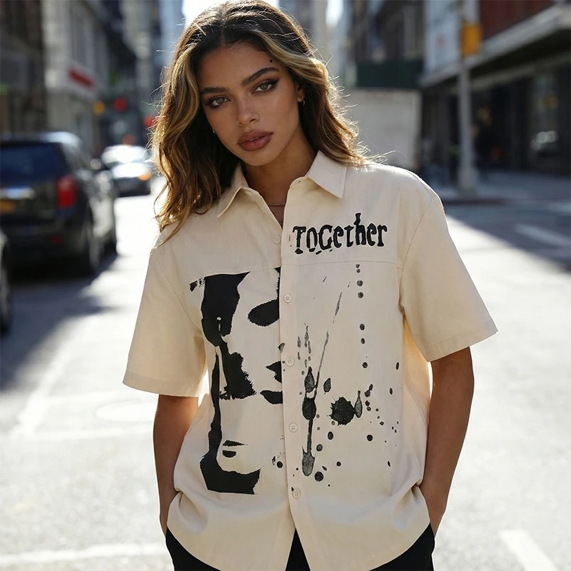 

Винтажная футболка с абстрактным графическим принтом в стиле гранж, 100% хлопок, с коротким рукавом, на пуговицах, унисекс, уличная одежда, хип-хоп, повседневный летний топ