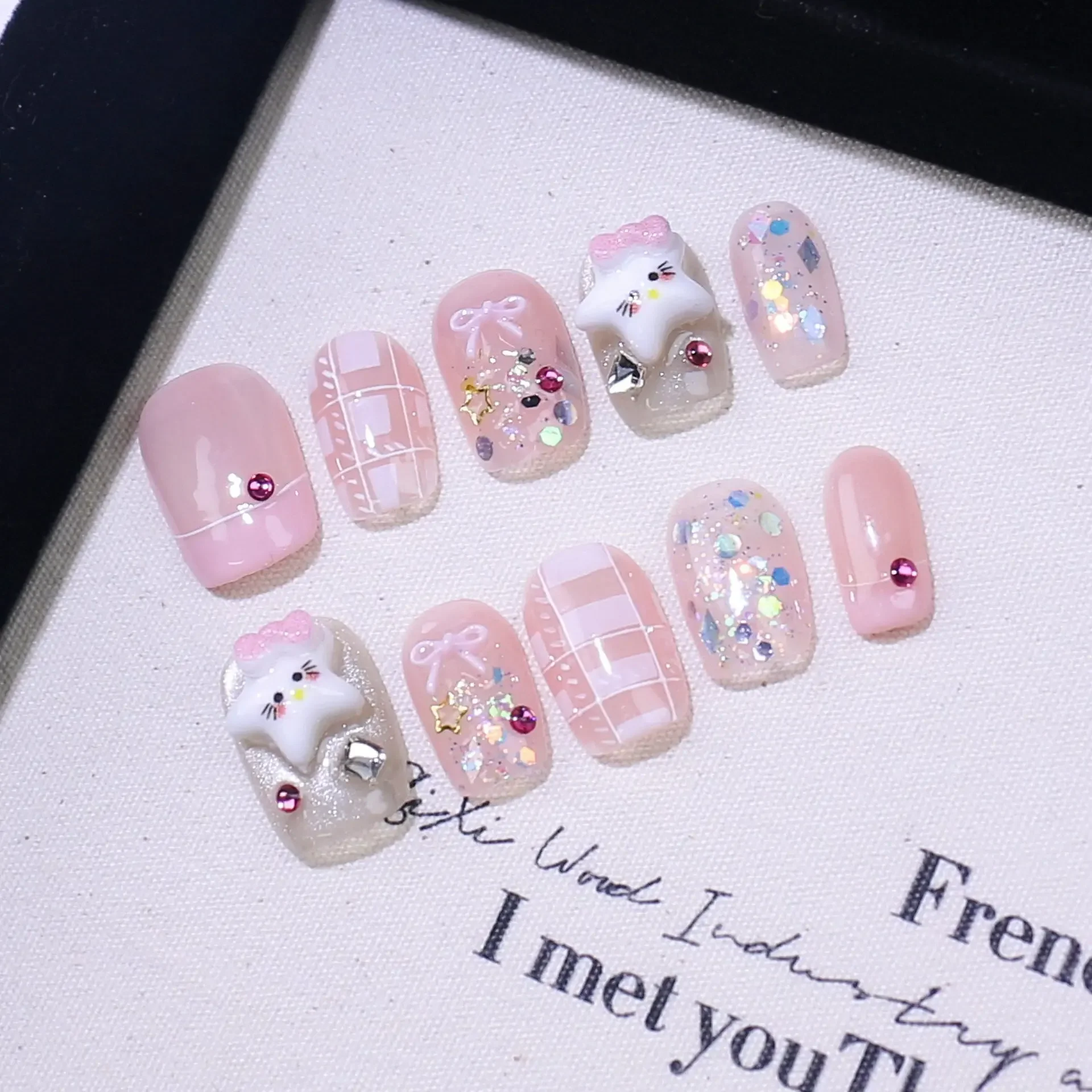 10 pçs artesanal imprensa em unhas dos desenhos animados franceses bonito gato arco curto ballet unhas falsas para mulher & menina removível destacável arte do prego