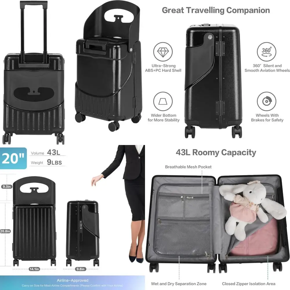 

20-дюймовый чемодан для езды по твердой поверхности на 360 градусов ° блесна, замок ца и сиденье для детей и взрослых.