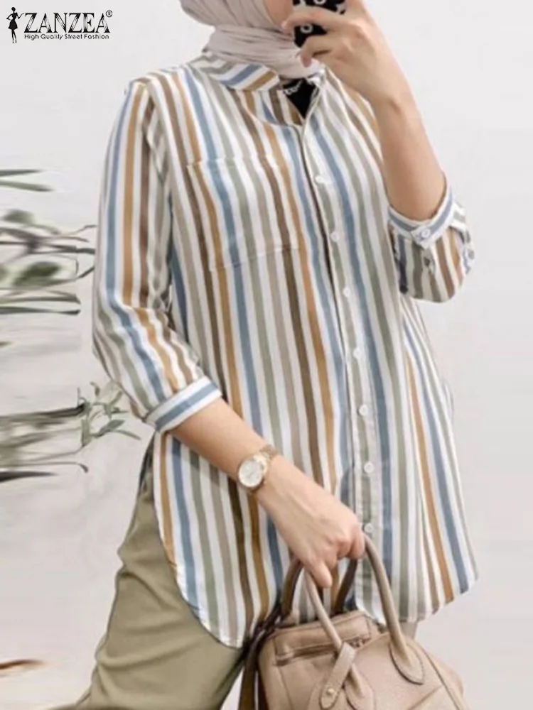 

ZANZEA Summer Muslim Blouse Women Lapel Neck 3/4 Sleeve Shirt Fashion Striped Tops Holiday Work Blusas Female Casual Kaftan 2024
