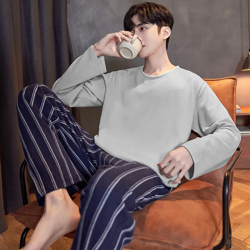 Full Pure Cotton Men Pajamas Sets Striped Print Long Pants And Grey Tops 2Pcs Sleepwear Men's Pijamas Suit Home Clothes Pyjamas