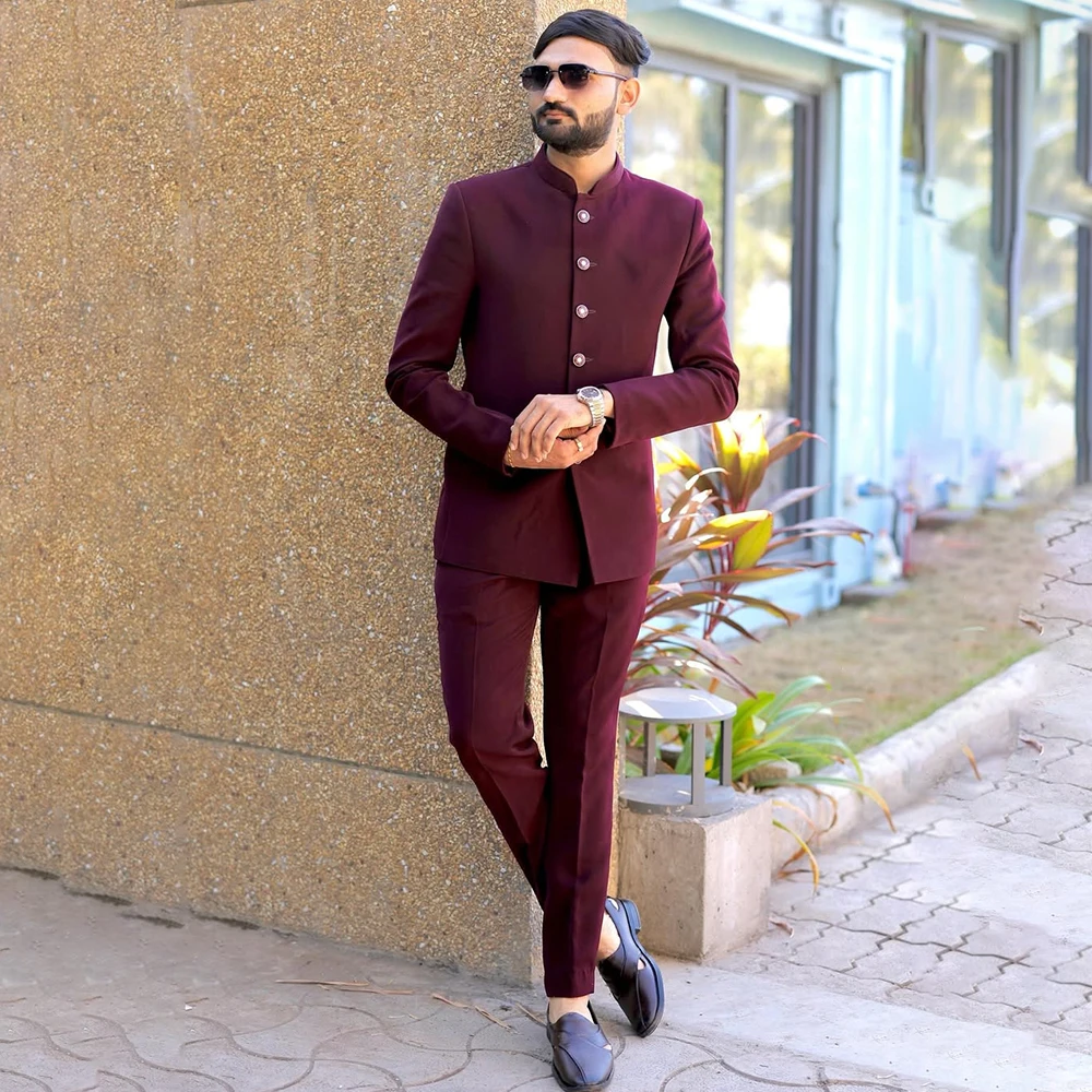 

Safari Burgundy Men's Suits Luxury Single Breasted Stand Lapel Regular Length 2 Piece Jacket Pants For Wedding African Groomsmen