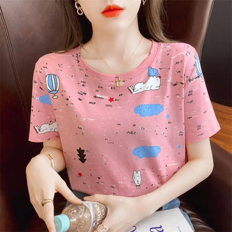 Women's T-shirt Summer 2023 New Bottom Shirt Printed Loose Korean Versatile Casual Round Neck Short Sleeve Fashion Vintage Tops