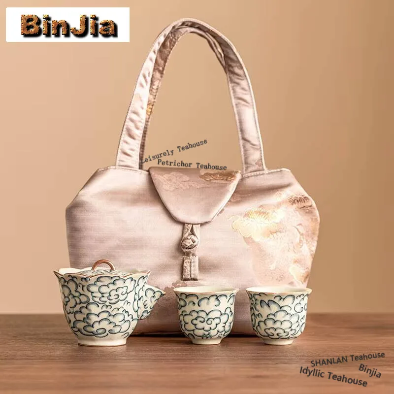 

Cotton Cloud Pattern Ru Kiln Travel Tea Set Kit Exquisite Teapot And Tea Cup Set 1 Pot 2 Cups Tea Maker Camping Portable Handbag