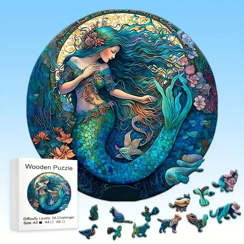 Mermaid Wooden Jigsaw Puzzle, Unique Animals Shape  Wooden Toys, Best Christmas Birthday Gift, Family Puzzles