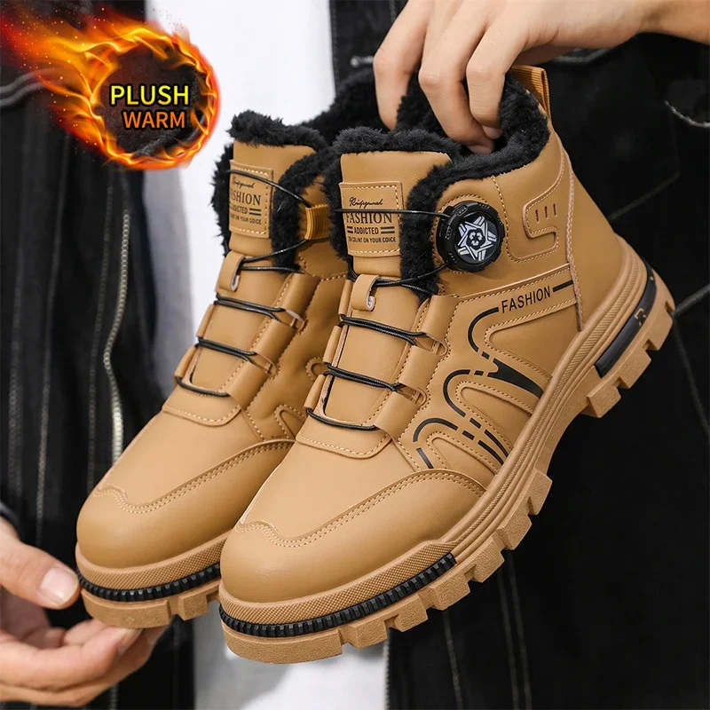 Men Snow Boots, Rotary Buckle High-Top Boots, Plush Fleece Lined Warm Boots, Thick Anti-Slip Sole Outdoor Casual Winter Shoes