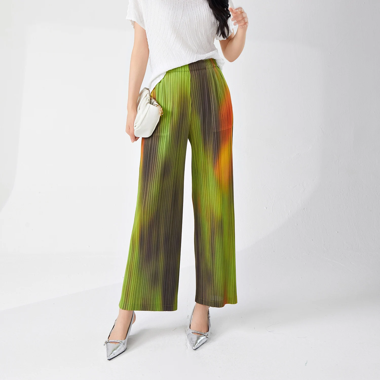 High Quality Miyake Women High Waist Pleated Casual Pants Fashion Wide Leg Design New Summer Style Printed Straight Pants