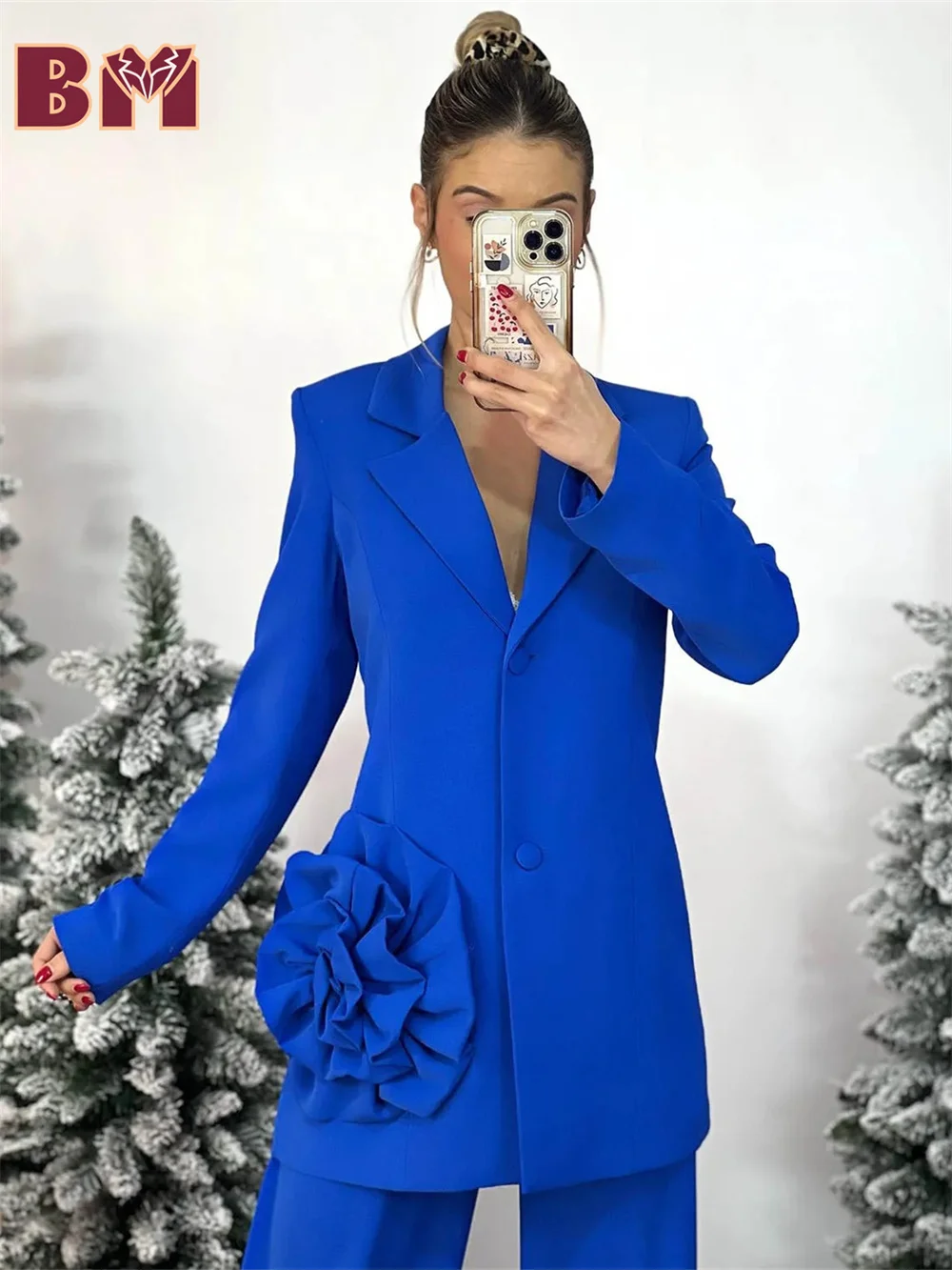 Hot Sale Popular Royal Blue Women Suit For Office Classic 3D Flower Single Button Suit Jacket Pants Fashion Suit Customized