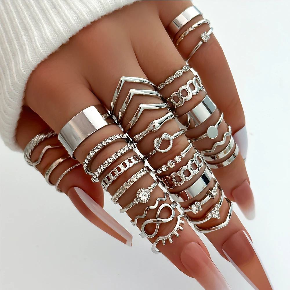 30Pcs/Set Wave Pattern Infinite Metal Layering Geometric V-Shaped Ring With Rhinestone Inlaid Suitable For Women's Daily Wear image 2