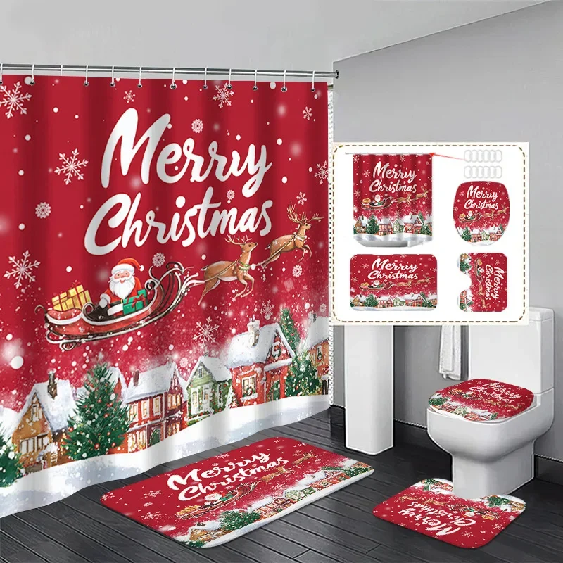 Merry Christmas Bathroom Shower Curtain Set with Matching Bath Mat and Toilet Seat Cover Holiday Xmas Decor