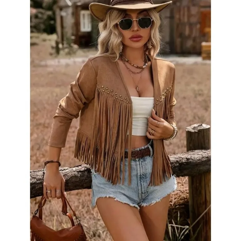 

Vintage Women Tassel Long-sleeve Coats Cardigan Bomber Jacket Casual Solid Color Motorcycle Jacket Streetwear Y2K Clothing