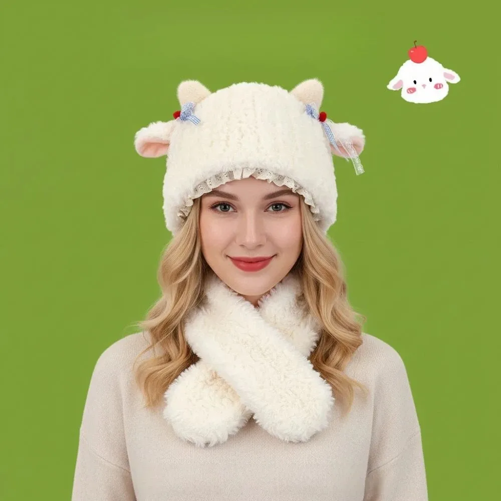 

Fashion Thick Knitted Hat Ear Protection Warm Winter Scarf Hat Korean Style Integrated Balaclava Hats Woman