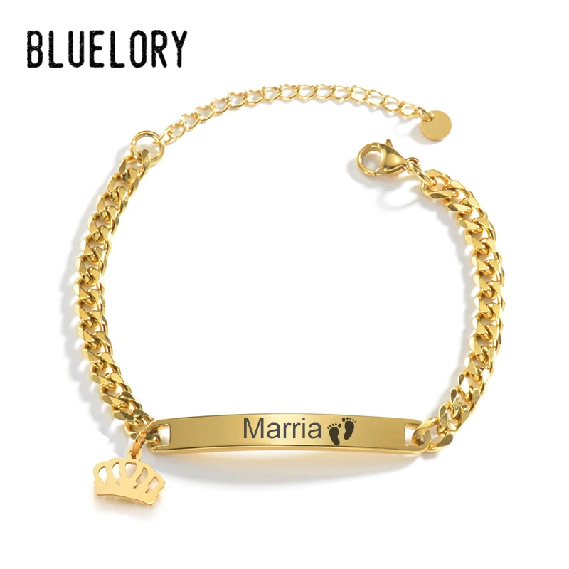 Bluelory Custom Name Bar Bracelets With Crown Stainless Stee Engrave Text ID Jewelry Bracelet For Girls Lover Jewelry Gift