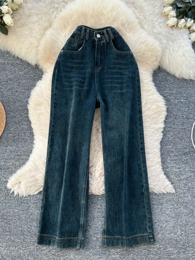 レトロウェイドデニムワイドレッグパンツ女性のハイウエストカジュアルストレートカットパンツ秋冬新作 Sle アメリカンデザイン