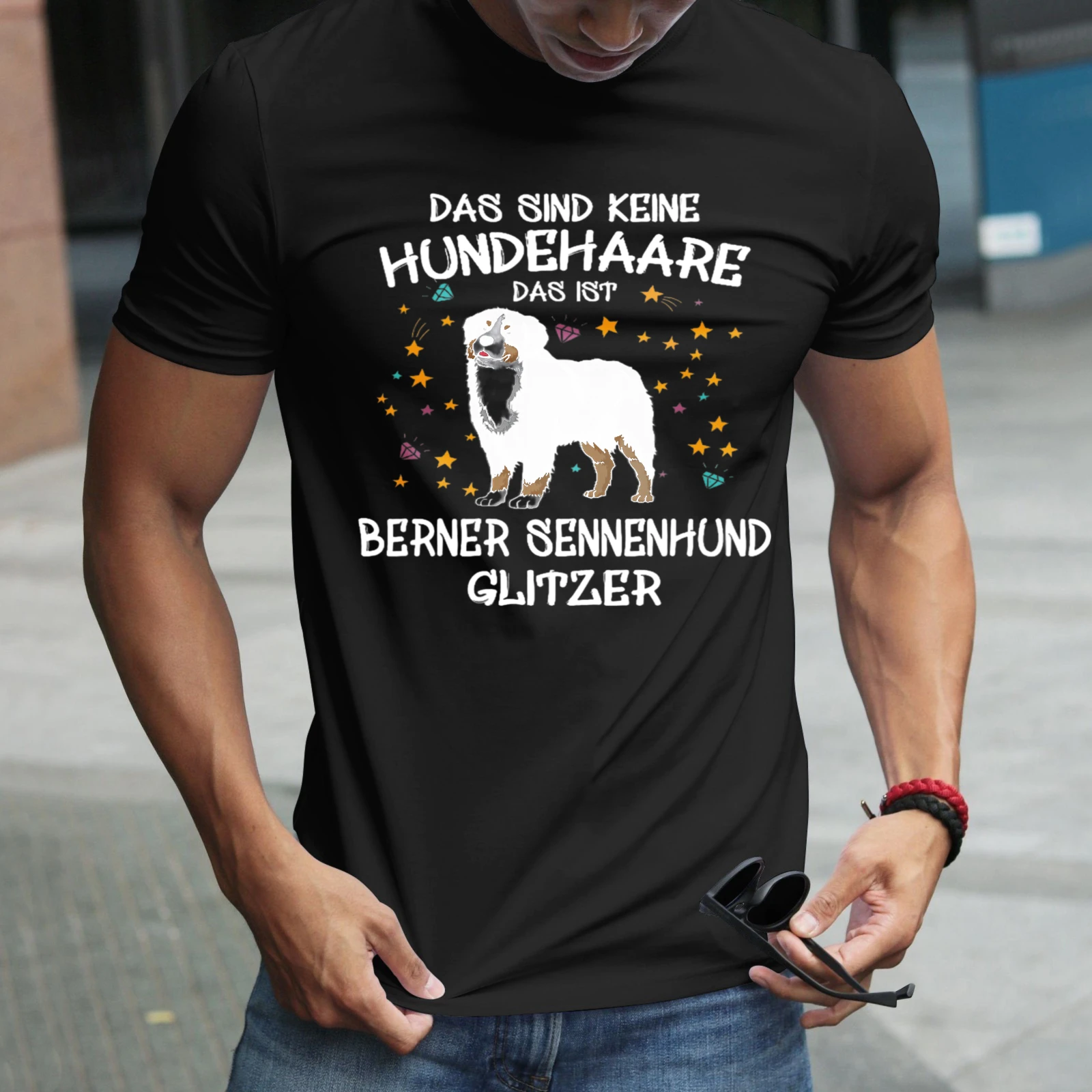 Herren-T-Shirt „Das sind keine Hundehaare, das ist ein Berner Sennenhund“ mit Glitzer, perfekt für Freizeitkleidung, Partys und Karneval-Outfits