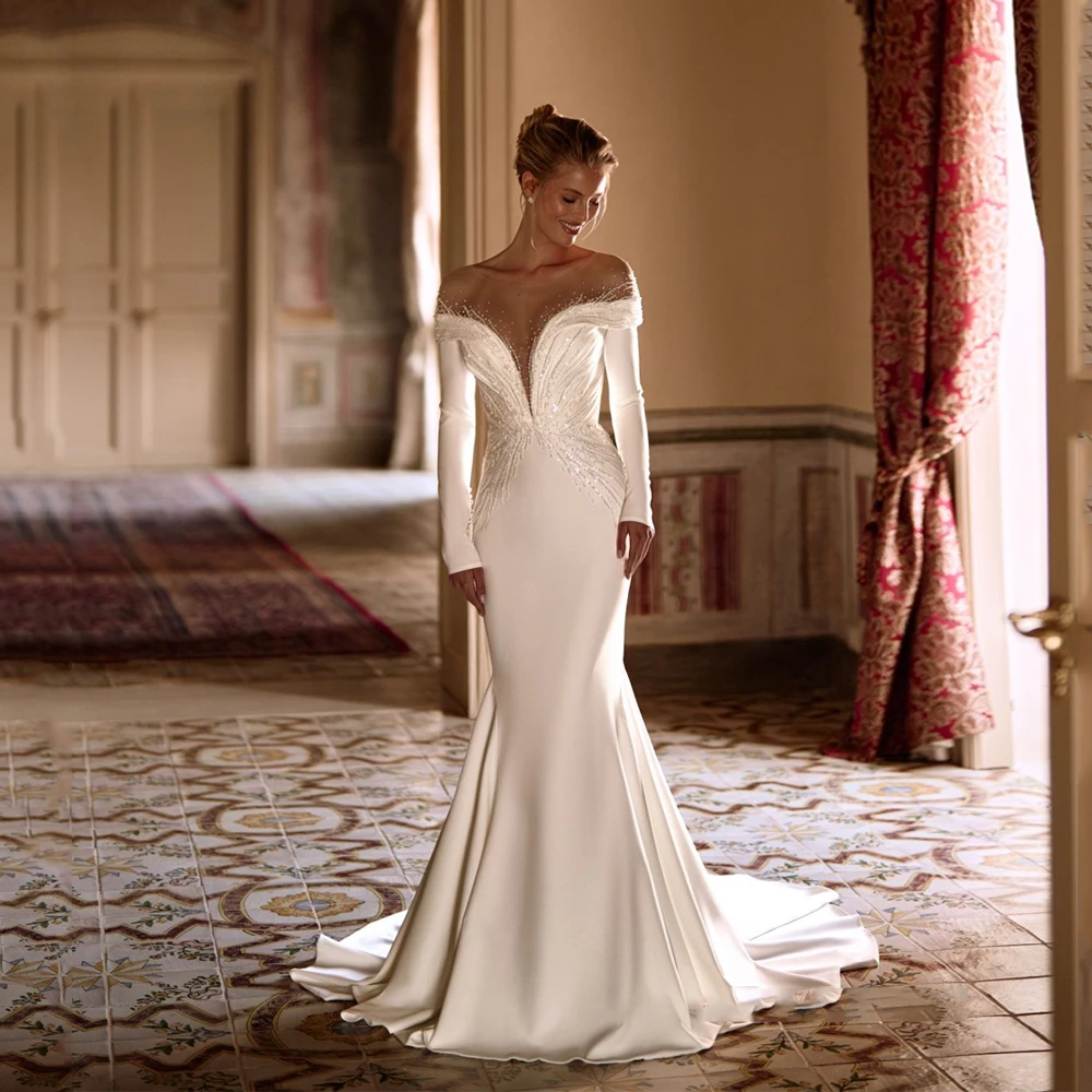 

Customized Mermaid Wedding Dress Long Sleeves Satin Beaded Bride Gowns Sequined Backless Luxury vestidos de novia Sweep Train
