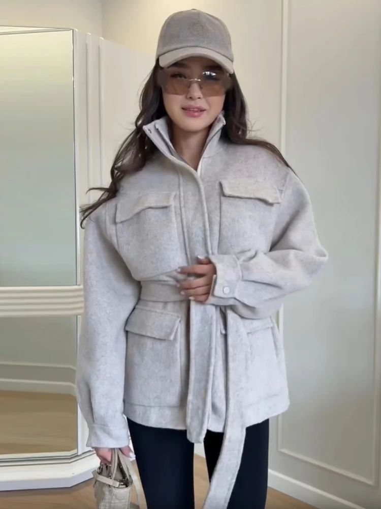 Elegant Faux Wool Blend Belt Waist Jacket Women Trendy Stand Collar Multi Flap Pockets Zip Up Coat Fall Winter Commute Outerwear