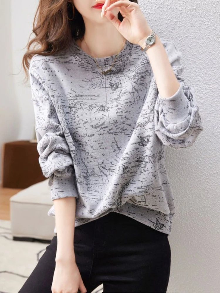 Grey Pullovers Female Clothes Sweatshirts For Women Cropped With Orint On Offer Elegant Classy Cotton Winter Cold Essential Tops