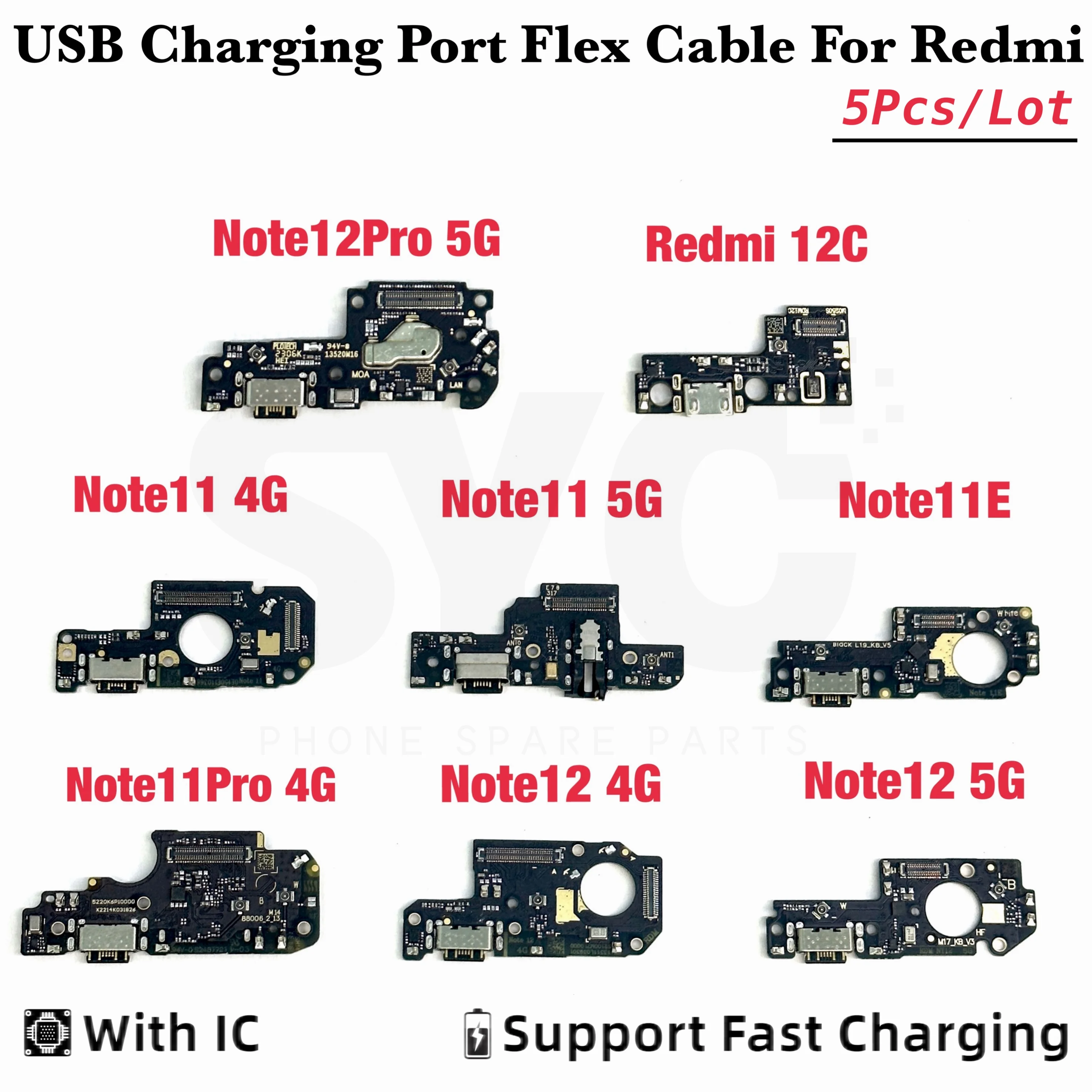 5Pcs/Lot USB Charging Board Port Dock Charger Plug Connector Flex Cable For Xiaomi Redmi Note 11 11E 12 Pro 4G 5G With Micro