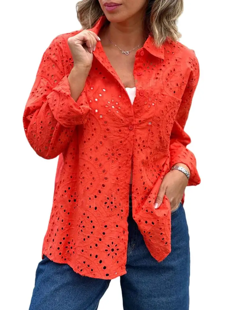 Spring Youth Elegant Women\'s Hollow Shirt New Shirt Single Breasted Fashion Flip Collar Long Sleeved Street Commuter Top Shirt