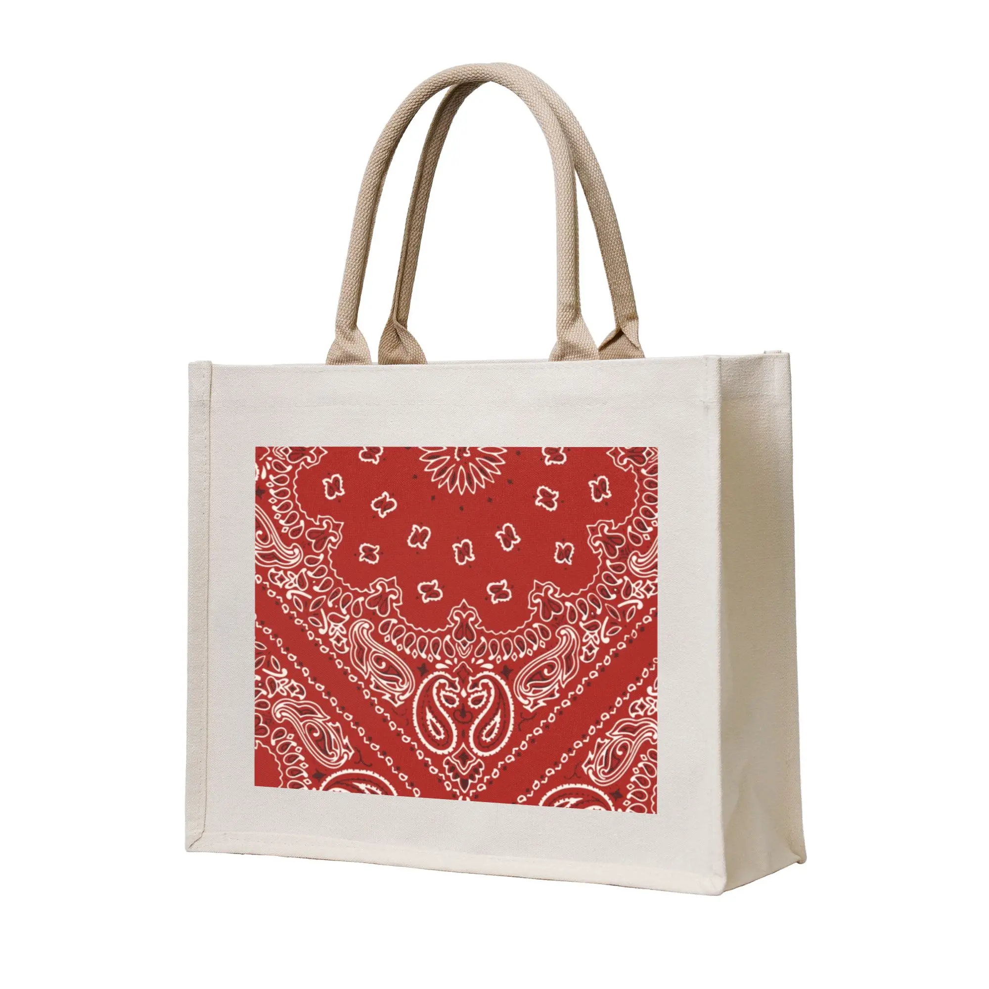 Kawaii Printing Cool Red Bandana Paisley Style Tote Shopping Bag Portable Shoulder Shopper  Handbag
