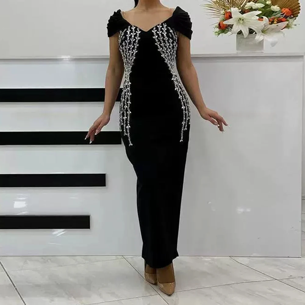

Women's summer tube top dress tight heavy evening dress black beaded slim fit puff sleeve bandage dress-GZXX831