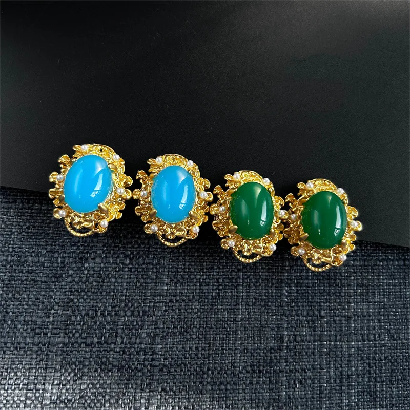 

Fashion Jewelry Vintage French Court-Style Earrings, Green and Blue Glass Gemstones,Stud and Clip-On Optional