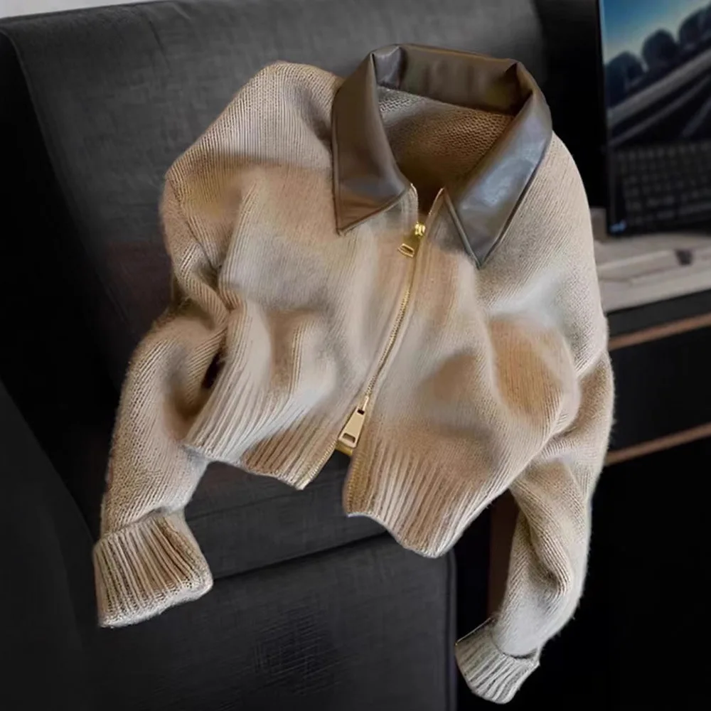 

Women's Autumn Winter Soft Plush Leather Sweater Short Jacket Caramel High-End Knitted Polo Collar Zipper Double Head