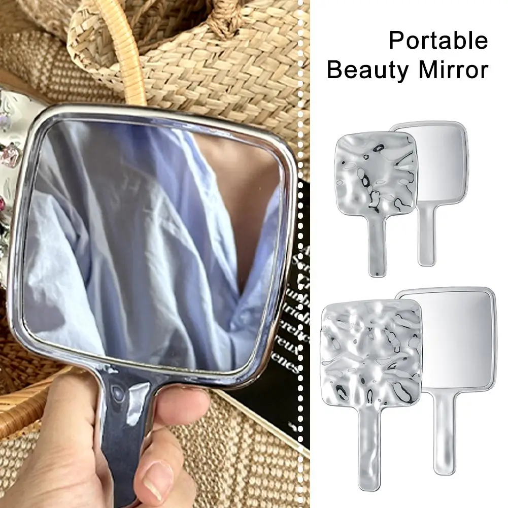 Vintage Vanity Water Ripples Mirror Handheld Mirror with Handle for Makeup Modern Small Cute Square Silver 6.57/8.93 inch Q5J5